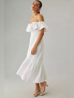 Reformation White One-Shoulder Ruffle Maxi Dress